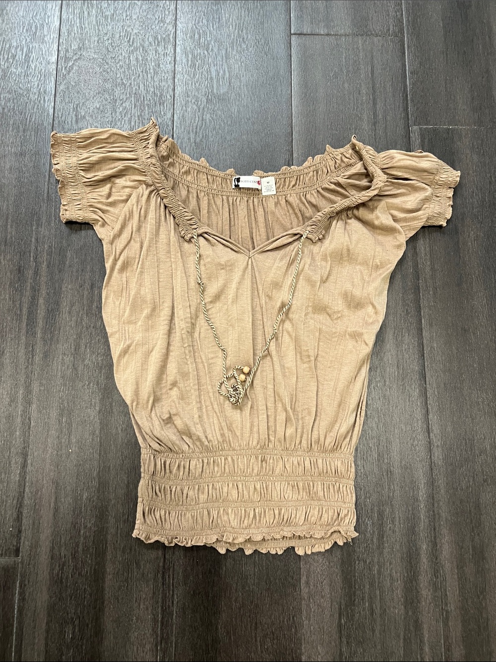Body Central Tan Short Sleeve Smocked-Waist Blouse